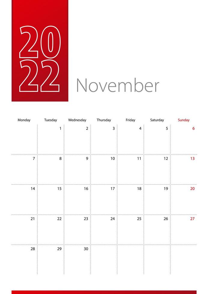 diseño de calendario de noviembre de 2022. la semana comienza el lunes. plantilla de calendario vertical. vector