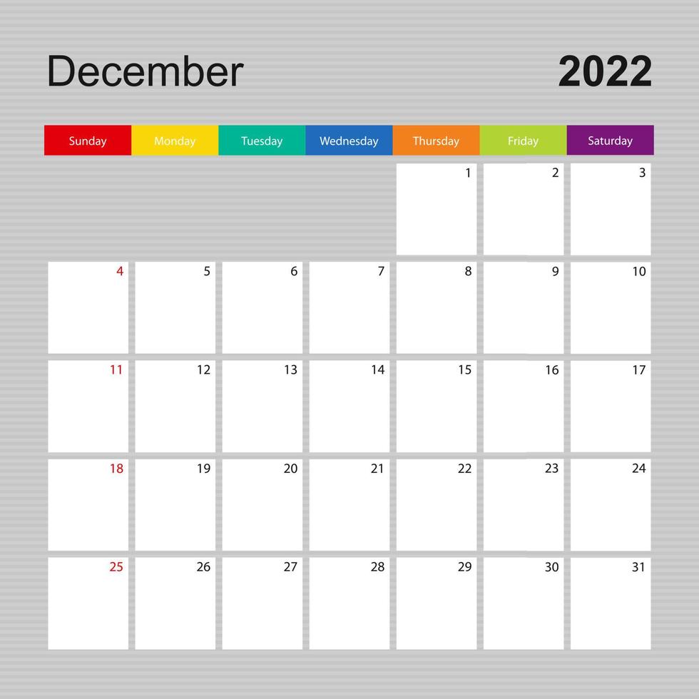 Calendar page for December 2022, wall planner with colorful design. Week starts on Sunday. vector