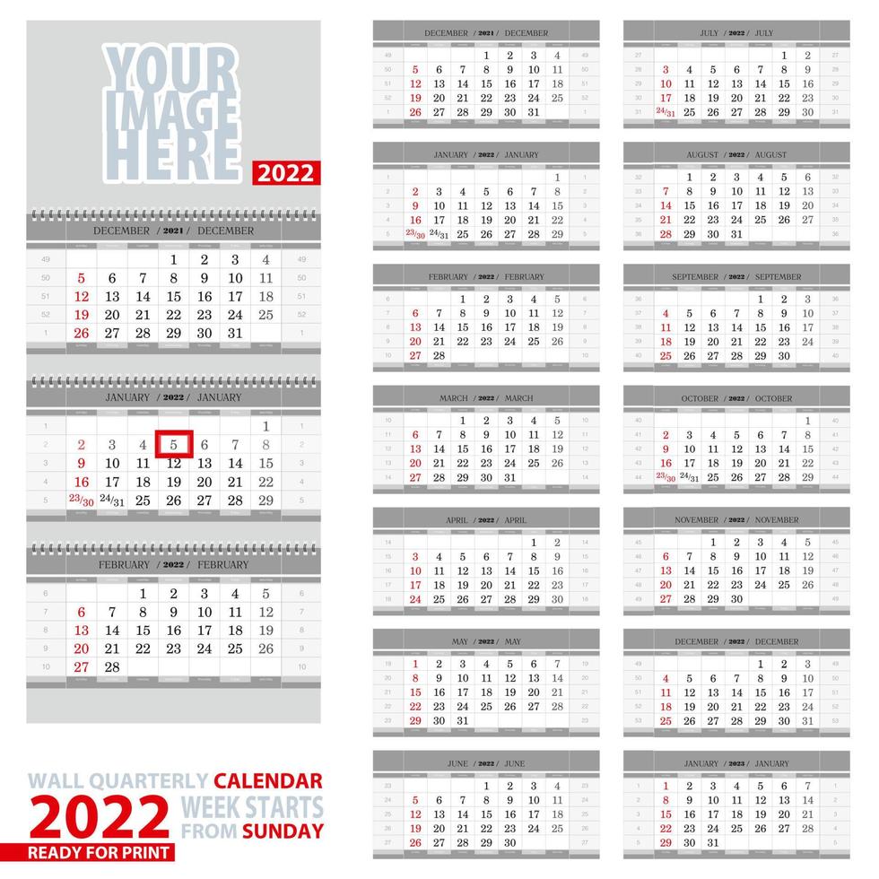 Wall quarterly calendar 2022. Week start from Sunday, ready for print. vector