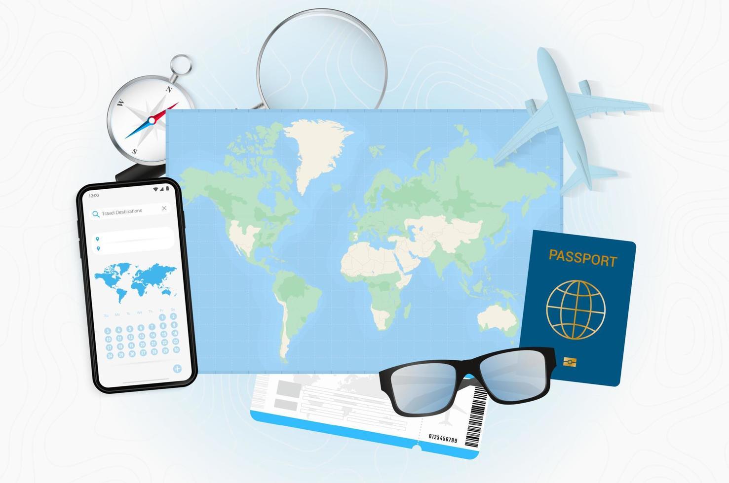 World map with various tourist equipment on an abstract relief background. vector