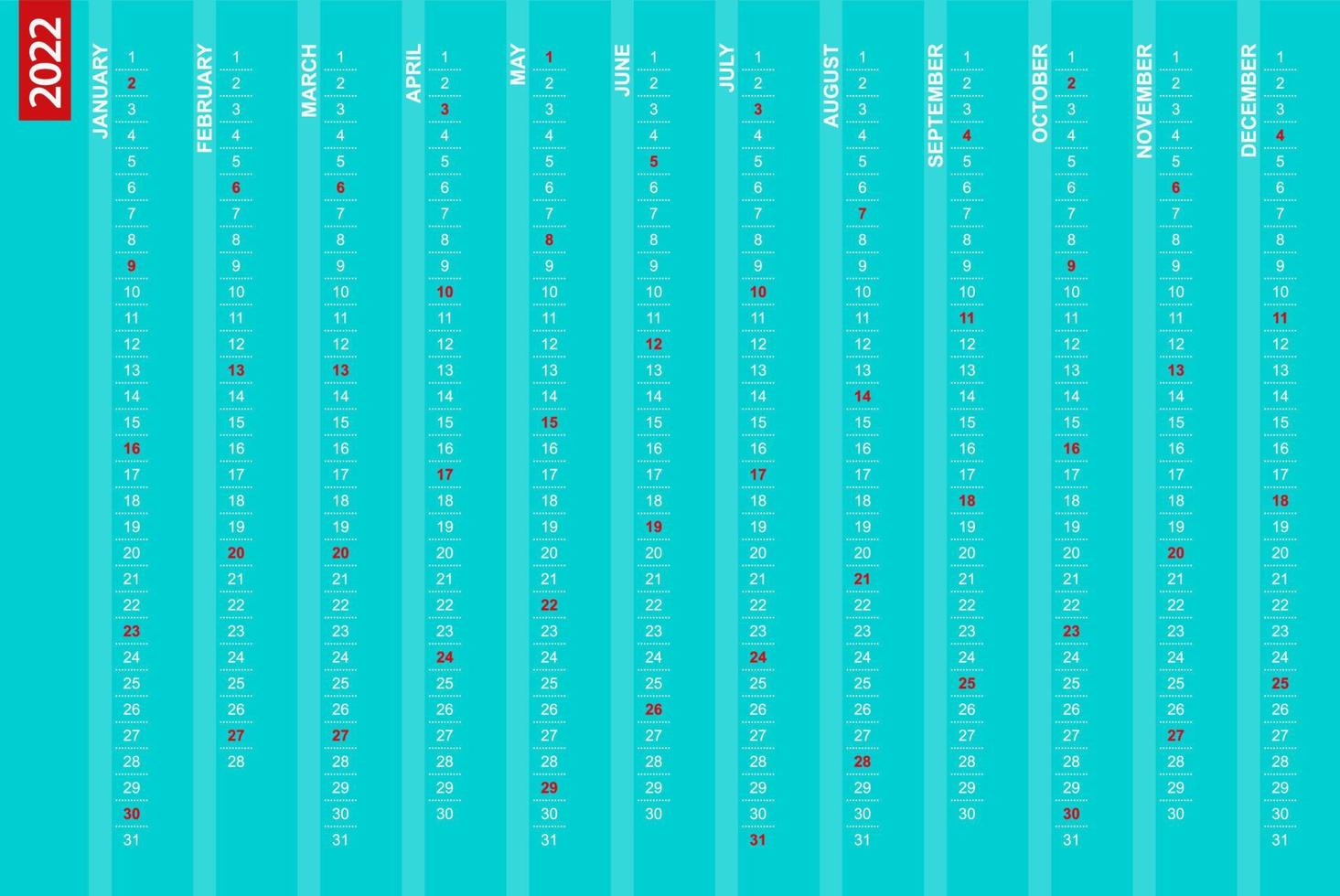 2022 vertical calendar with selected Sundays. vector