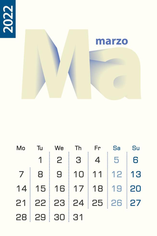 Minimalist calendar template for March 2022, vector calendar in Spanish language.