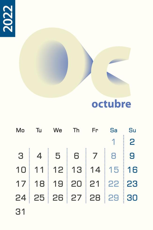 Minimalist calendar template for October 2022, vector calendar in Spanish language.