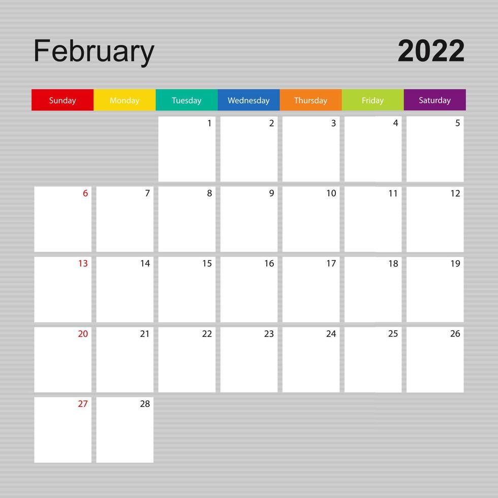 página de calendario para febrero de 2022, planificador de paredes con diseño colorido. semana comienza el domingo. vector