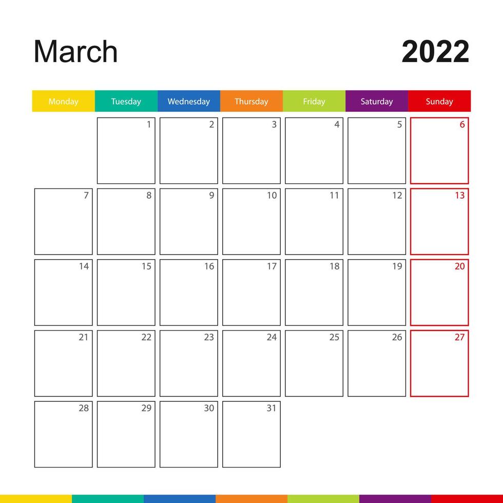 calendario de pared colorido de marzo de 2022, la semana comienza el lunes. vector