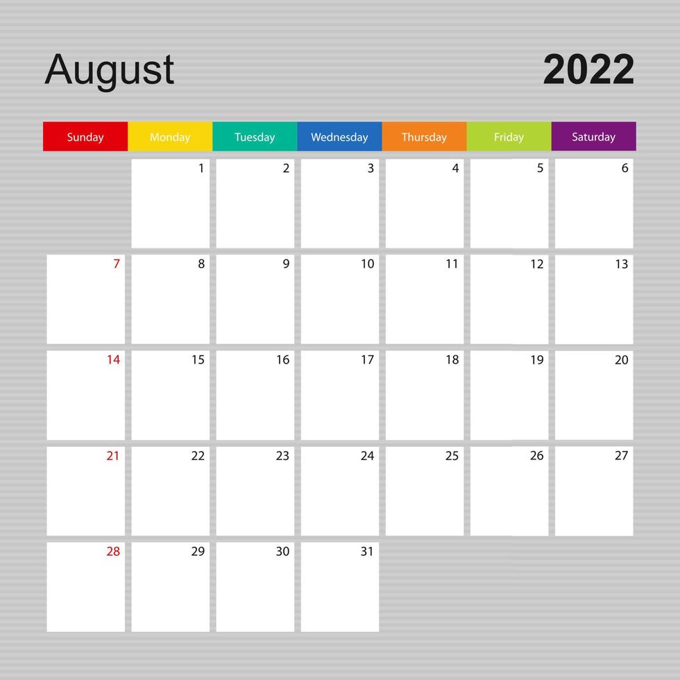 Calendar page for August 2022, wall planner with colorful design. Week starts on Sunday. vector