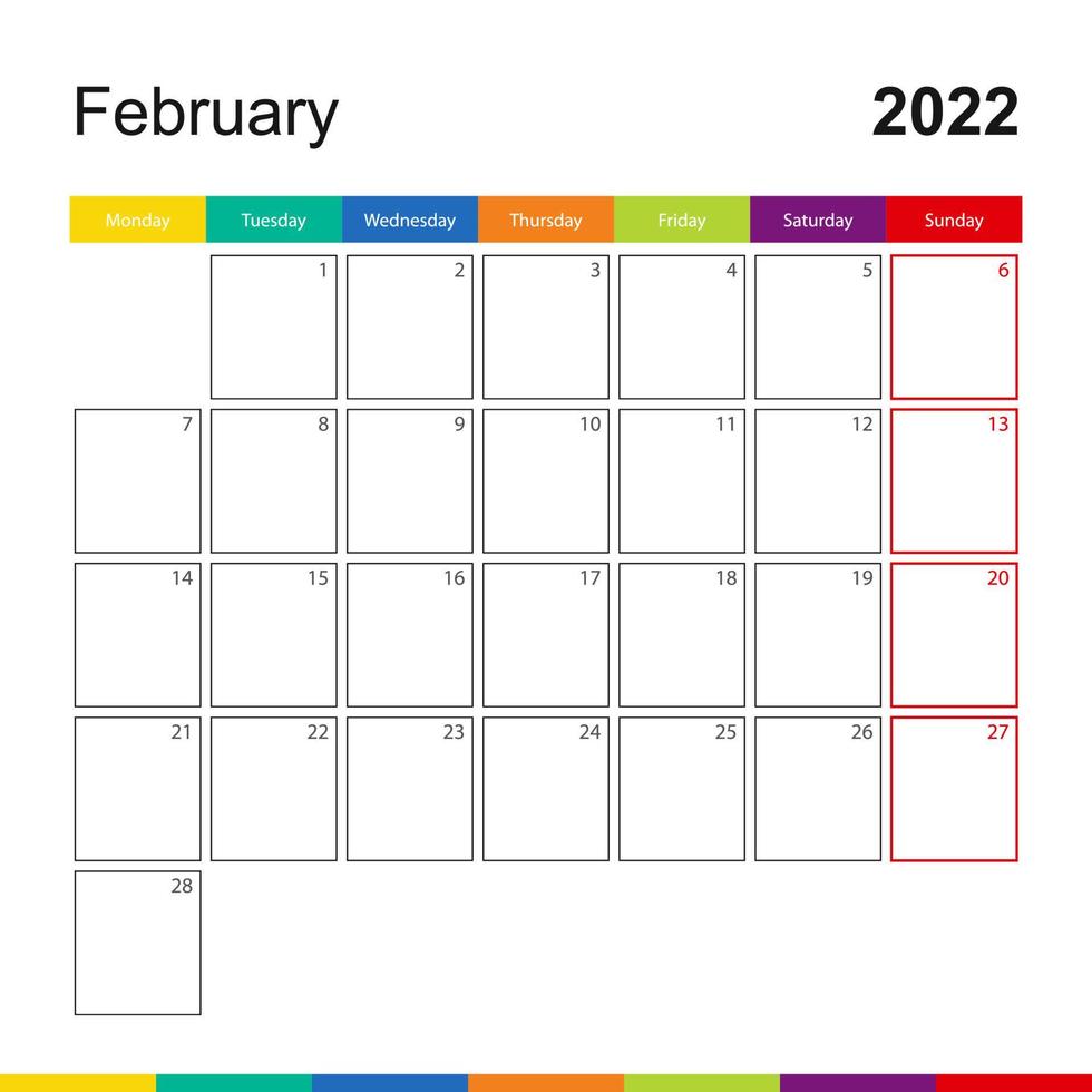 calendario de pared colorido de febrero de 2022, la semana comienza el lunes. vector