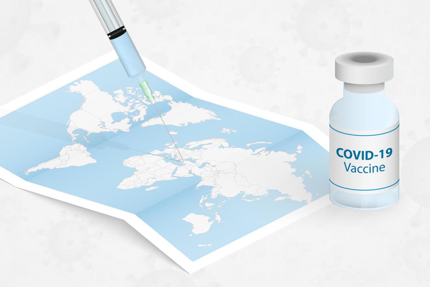 Vaccine and syringe in the world map. Coronavirus vaccine. vector