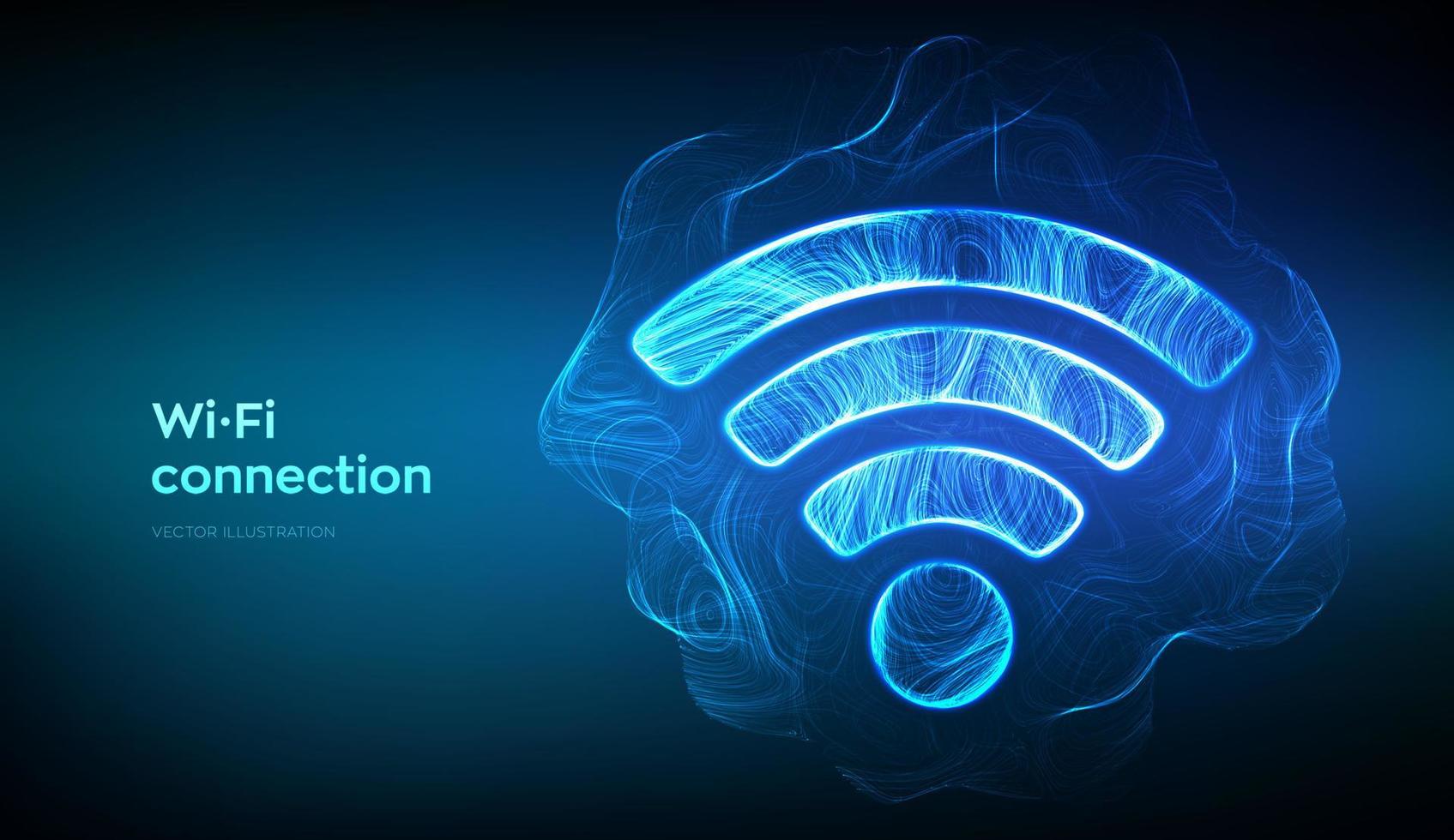 Wi-Fi network icon. Abstract Wi-Fi sign formed from glowing thin lines. Wlan access, wireless hotspot signal symbol. Mobile connection zone. Data transfer. Router transmission. Vector illustration.