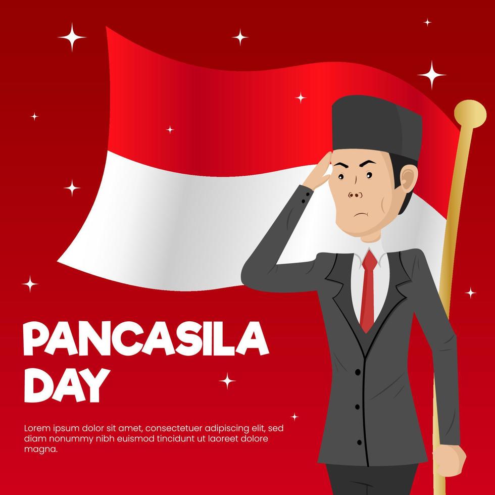 ilustración vectorial del día de la pancasila. día de pancasila con la bandera indonesia como fondo y la gente está respetando vector