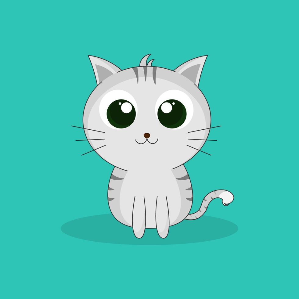 cute little cat with big eyes sitting on green background vector