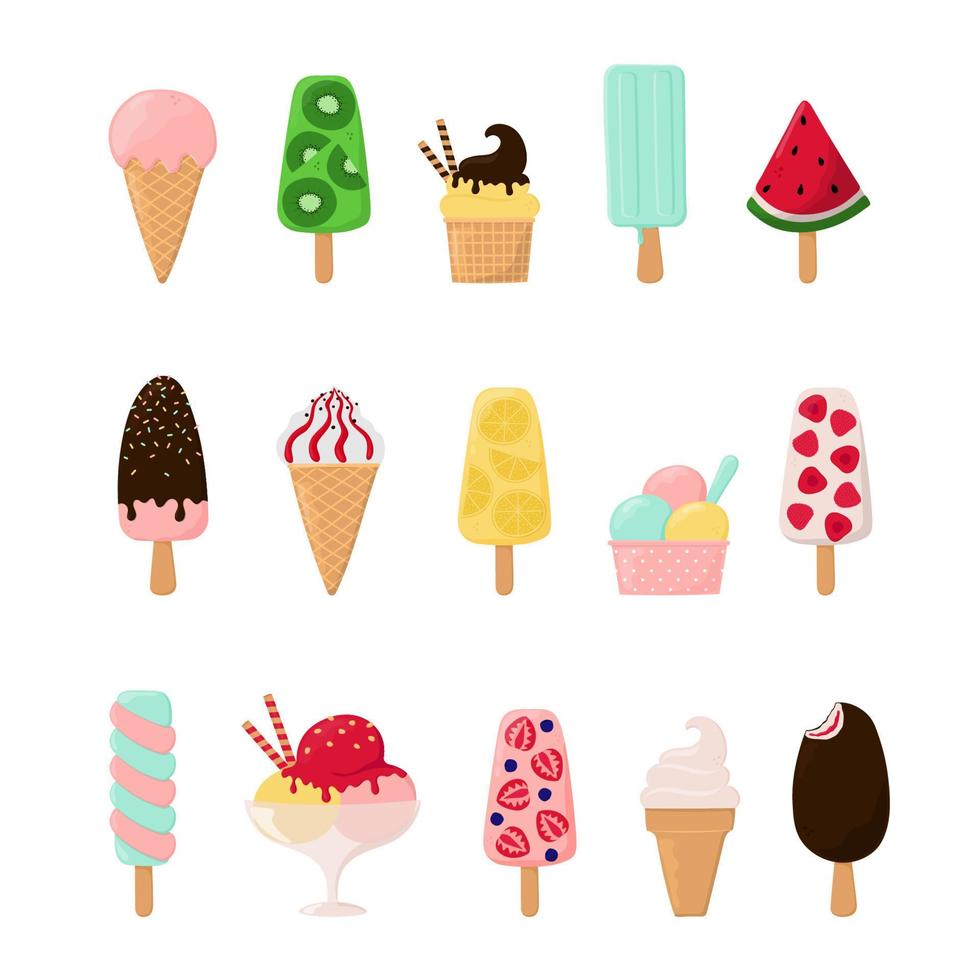 colección de helados y paletas. se puede utilizar para carteles, impresiones, tarjetas, decoración de ropa y logotipo de heladería. vector