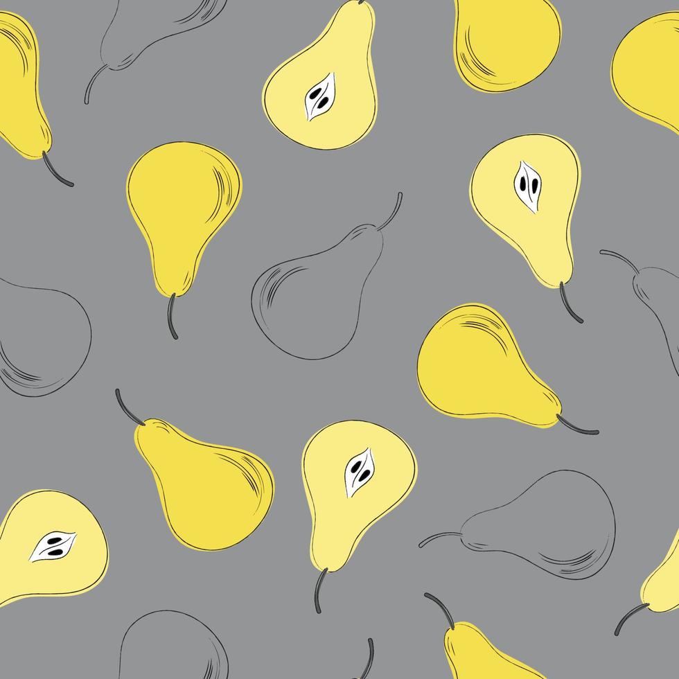 Seamless pattern of yellow pears on gray background. Hand drawn with pencil contours. vector