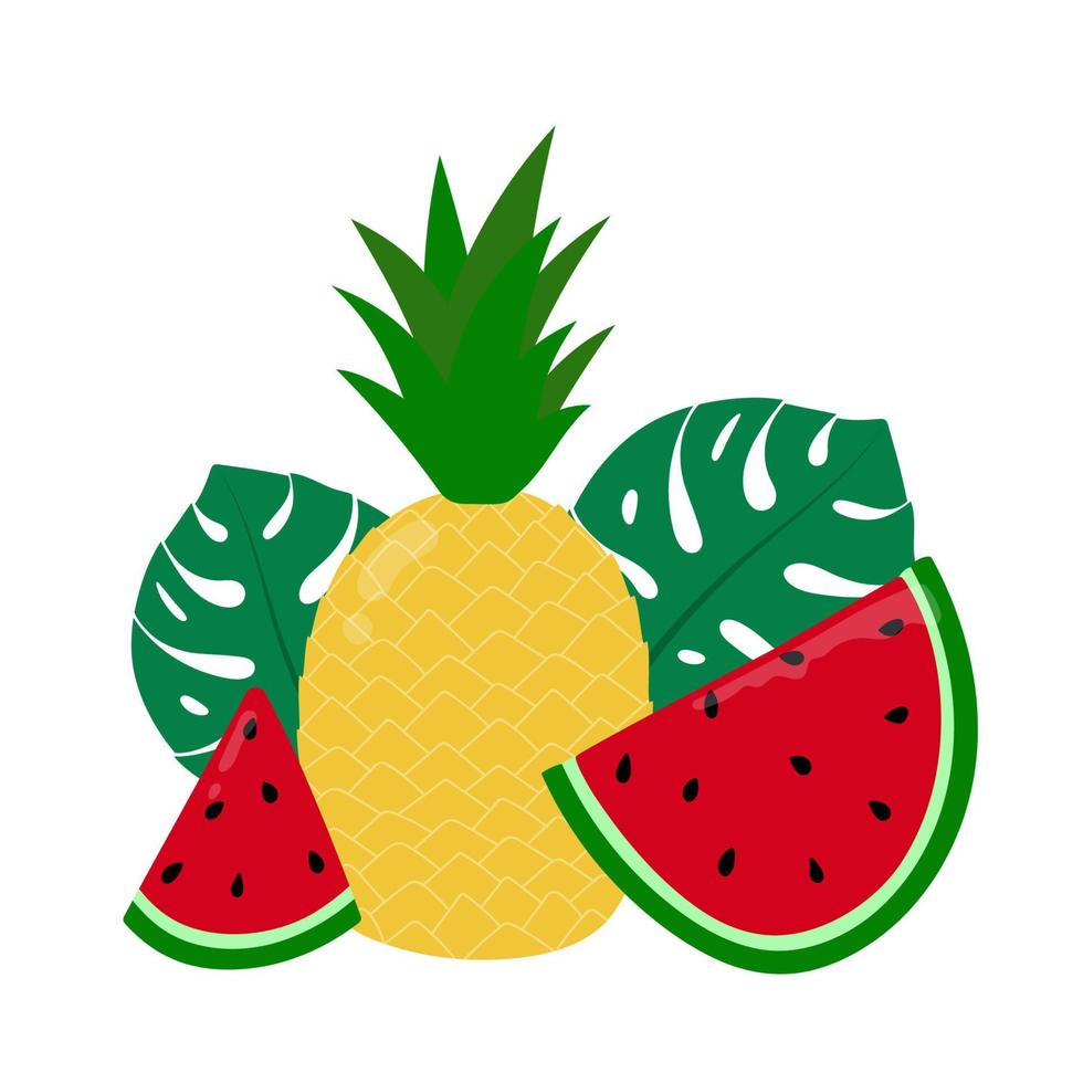 Hand drawn pineapple, watermelon and leaves design. Cartoon tropical fruit. Isolated vector illustration.