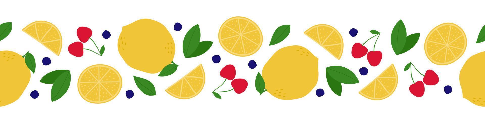 Fruit and berries seamless border. Cherry, lemon, leaf and bilberry on white background vector