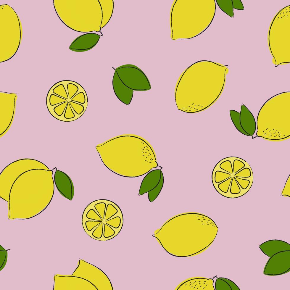 Yellow lemons and green leaves seamless pattern. Hand drawn with pencil contours vector