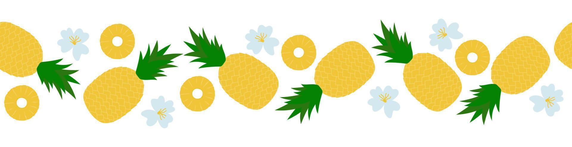 Pineapple seamless border. Cartoon whole fruit, slices and flowers on white background vector