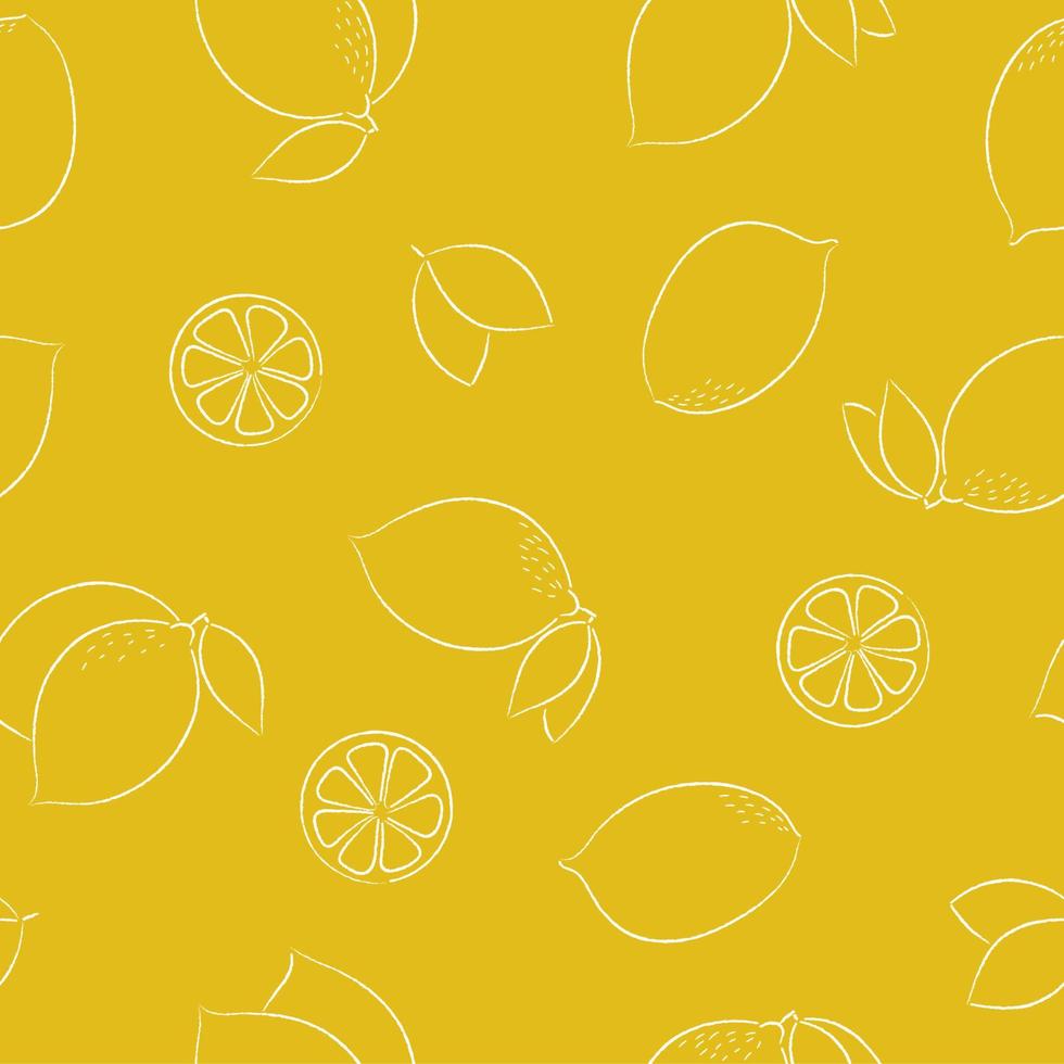 Line drawn lemons and leaves seamless pattern. White pencil contours on yellow background vector