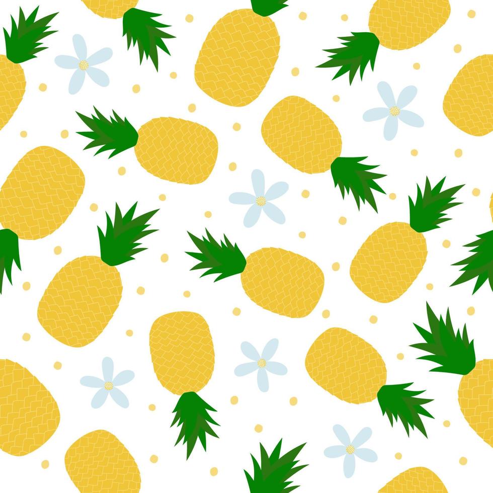 Pineapple seamless pattern. Cartoon whole fruit and flowers on white background vector