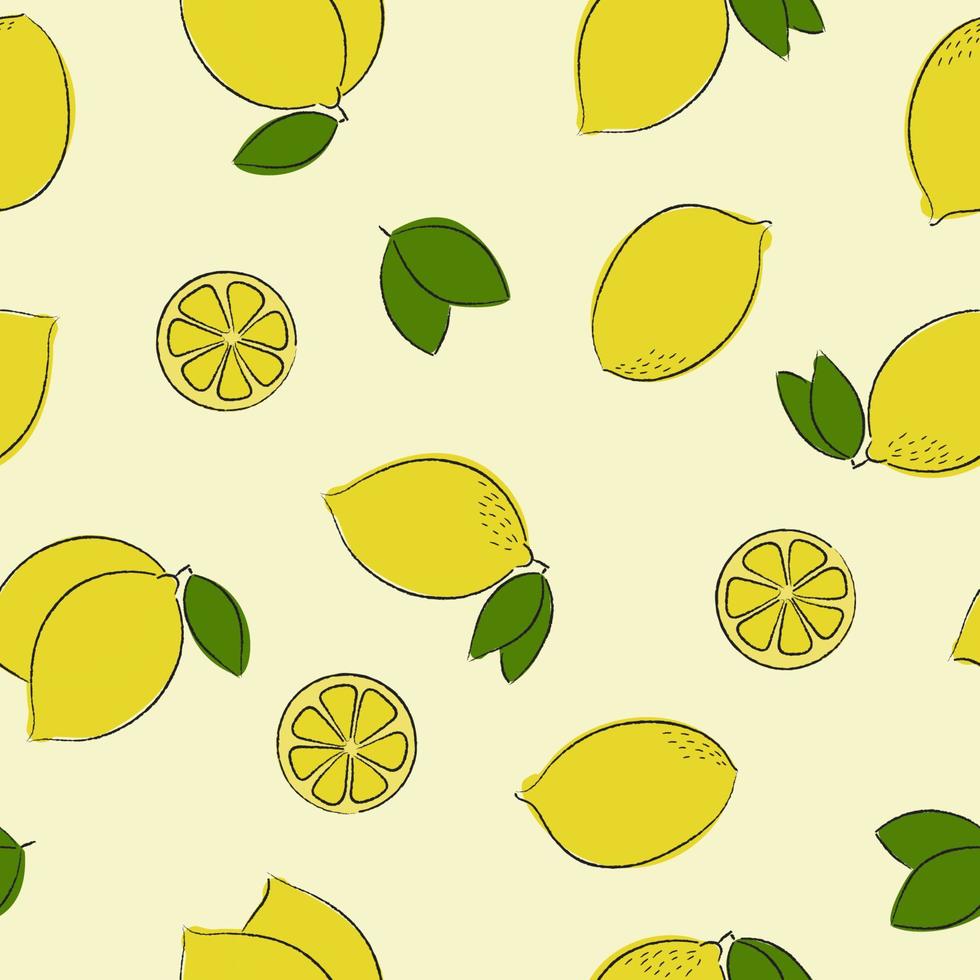 Seamless pattern of yellow lemons and green leaves, abstract repeated background. vector