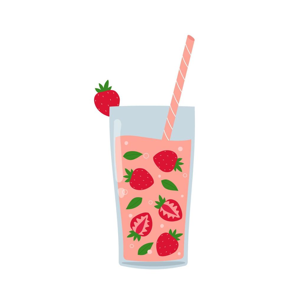Strawberry lemonade in glass with straw. Fresh strawberry drink for