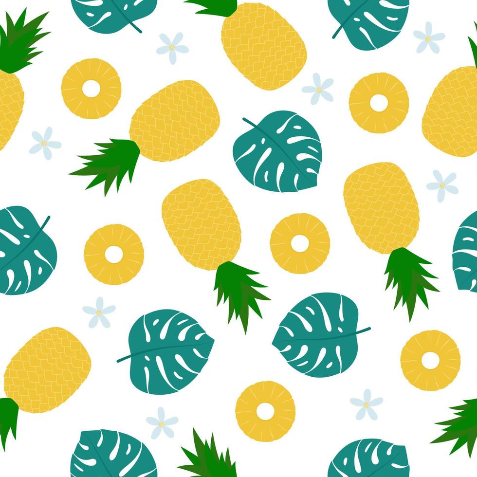 Pineapple seamless pattern. Cartoon fruit, flowers and leaves on white background vector