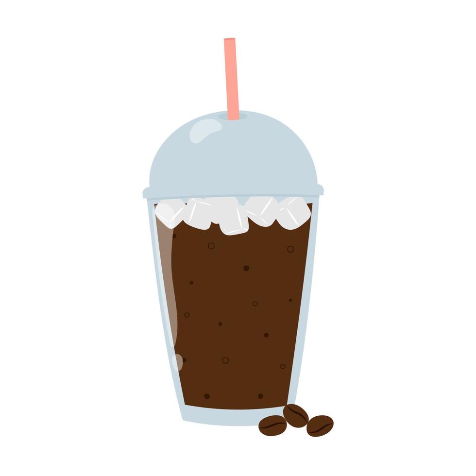 Cartoon iced coffee with ice cubes. Refreshing summer drink. Isolated vector illustration.