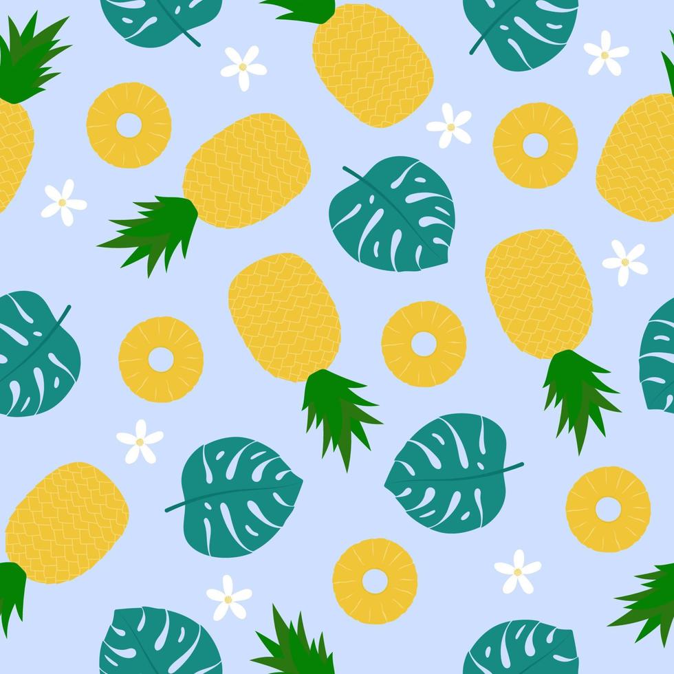 Pineapple seamless pattern. Cartoon fruit, flowers and leaves on blue background vector