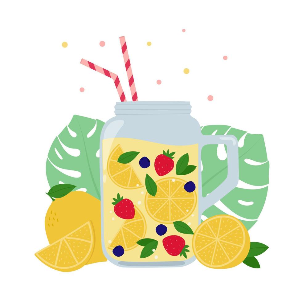 Summer drink with lemon, strawberry and bilberry. Cartoon fruit beveragewith monstera leaves on background vector