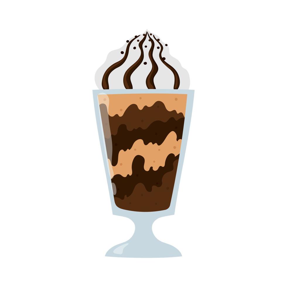 Chocolate milkshake. Cartoon summer dessert with cream. Isolated vector illustration.