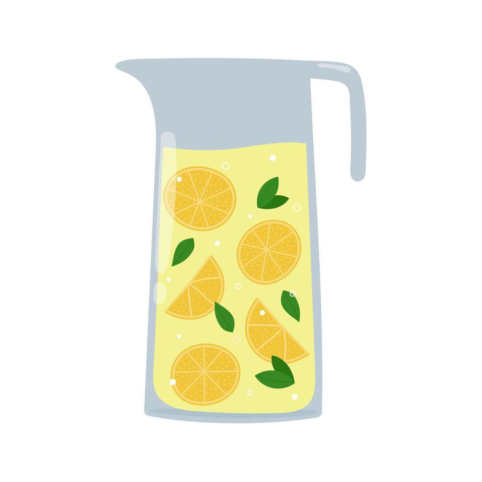 Lemonade in glass jug. Cartoon summer drink with lemon and mint leaves. Isolated vector illustration.