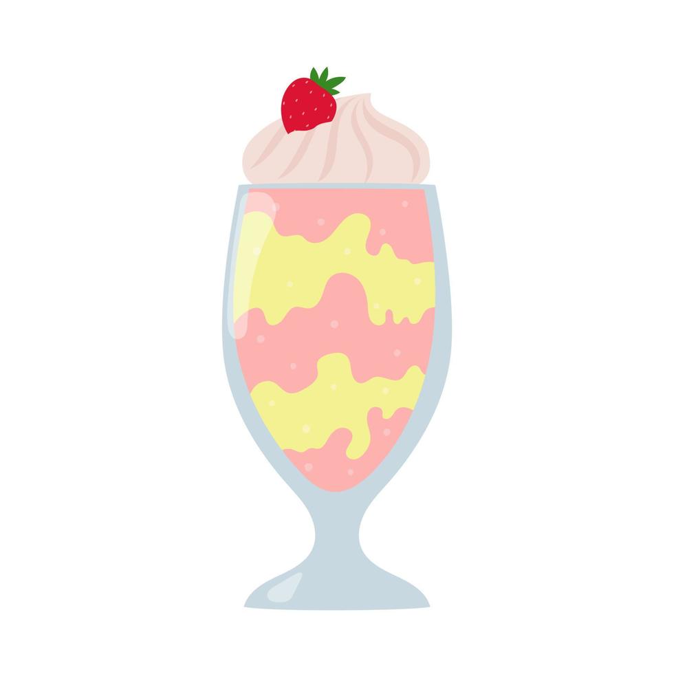 Strawberry and banana milkshake. Cartoon summer dessert with cream. vector