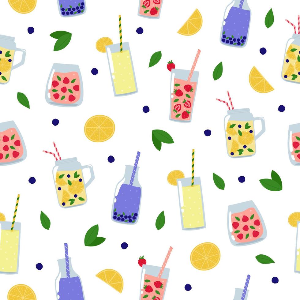 bebidas de verano de patrones sin fisuras. jugos y limonadas con frutas, bayas y hojas sobre fondo blanco. vector