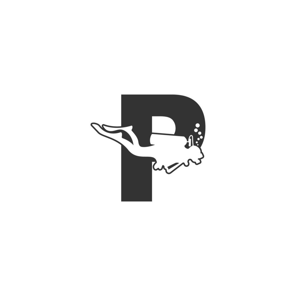 letra p y alguien buceando, ilustración de icono de buceo vector