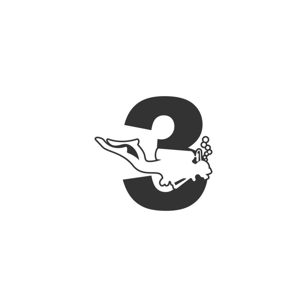 Number 3 and someone scuba, diving icon illustration vector