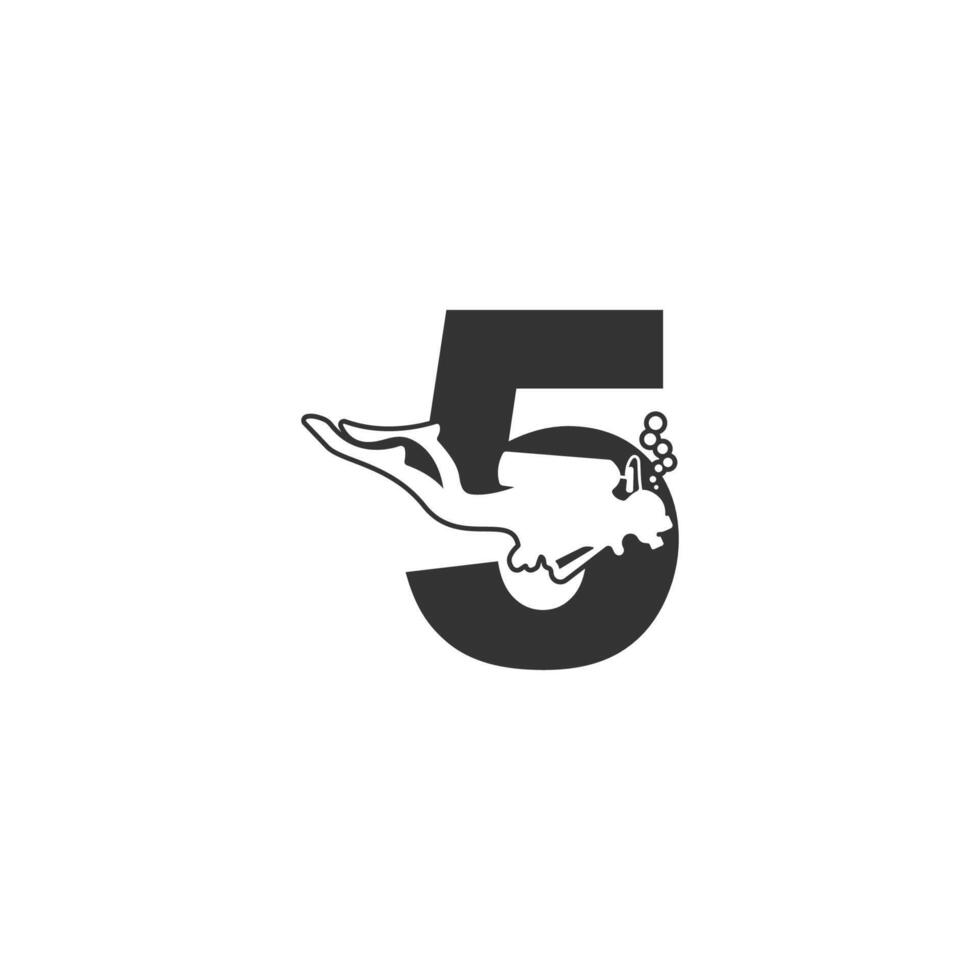 Number 5 and someone scuba, diving icon illustration vector