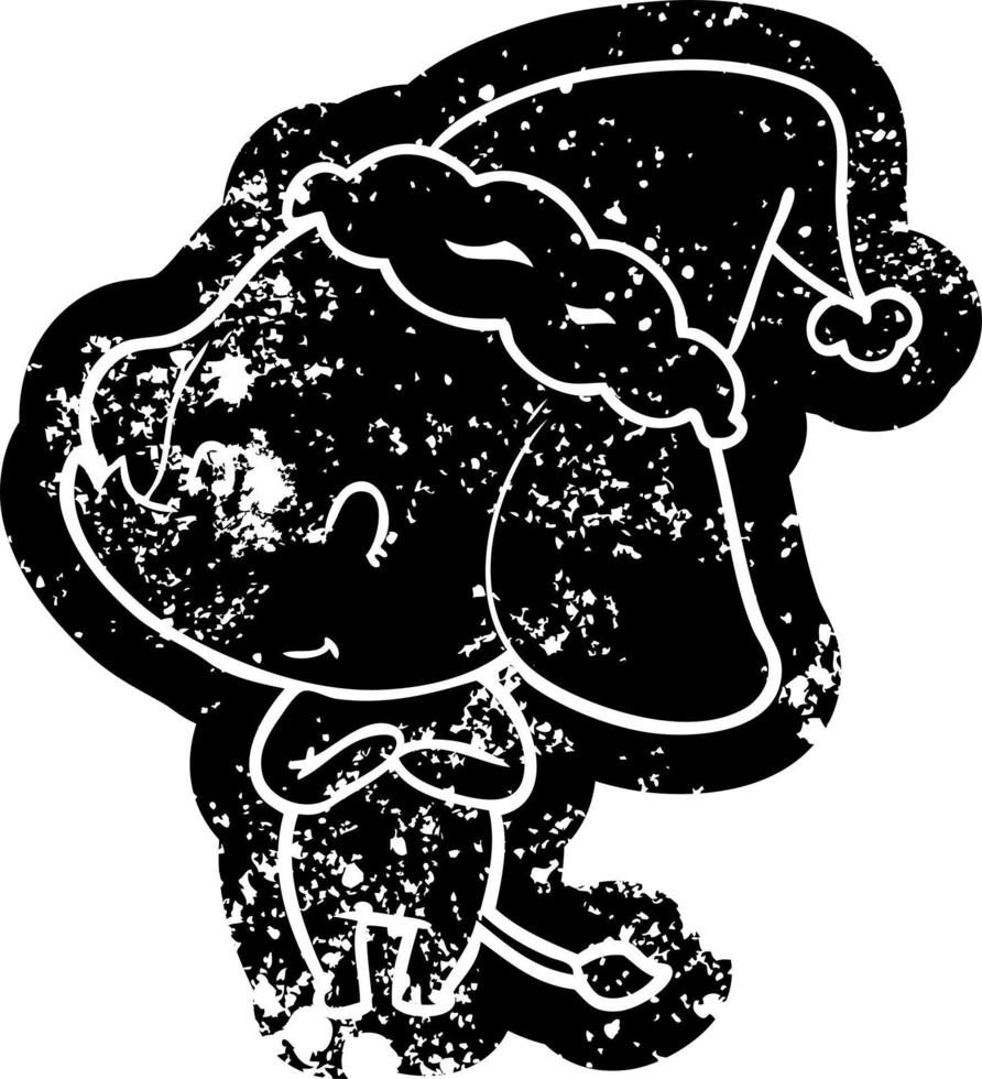 cute cartoon distressed icon of a elephant wearing santa hat vector