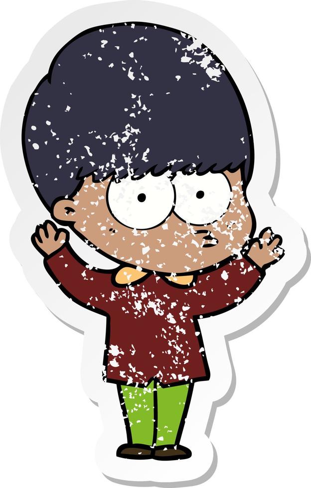 distressed sticker of a nervous cartoon boy vector