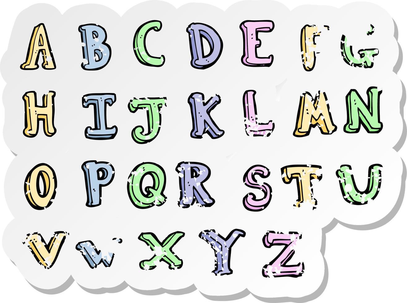 retro distressed sticker of a cartoon alphabet vector