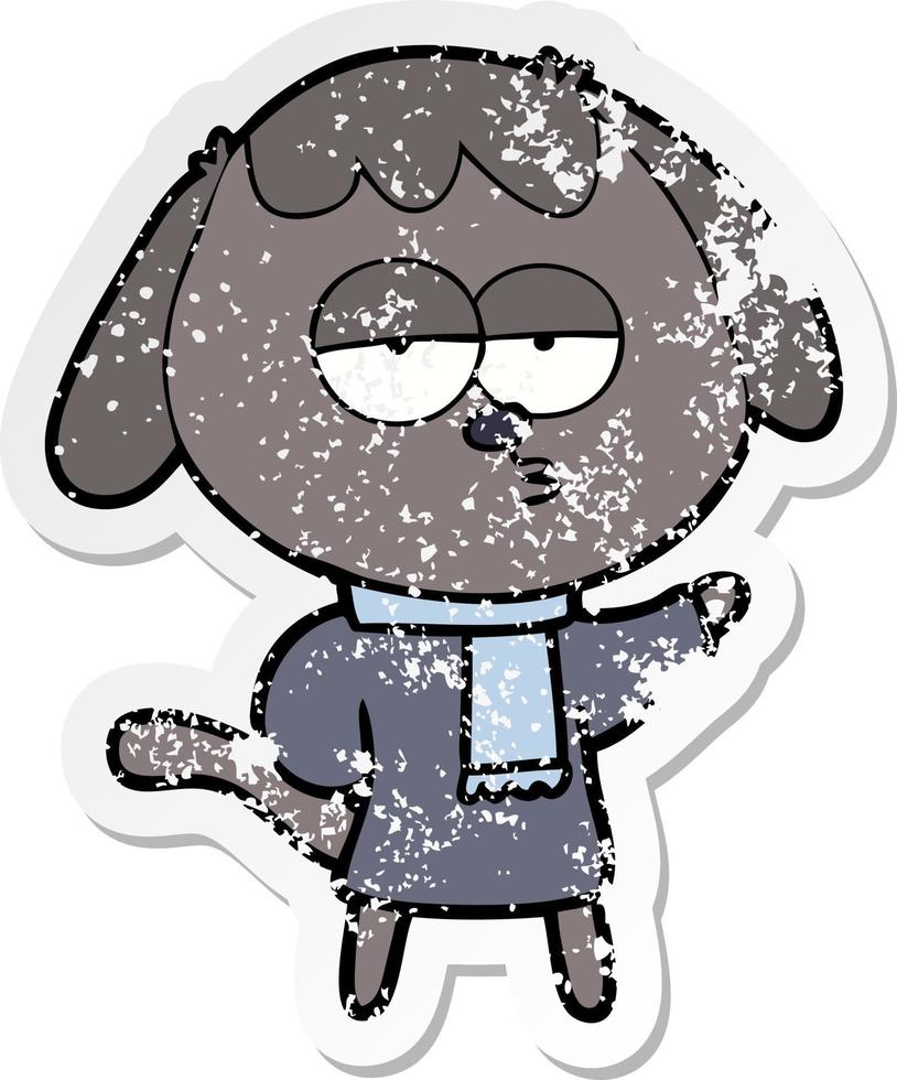 distressed sticker of a cartoon tired dog wearing winter clothes vector
