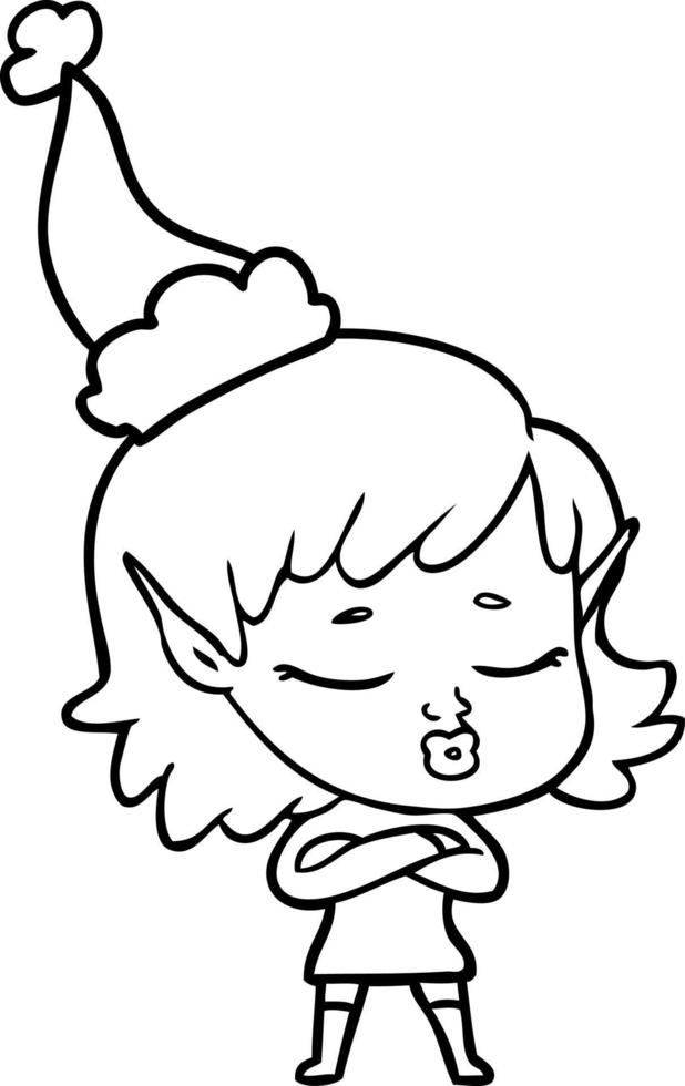pretty line drawing of a elf girl wearing santa hat vector