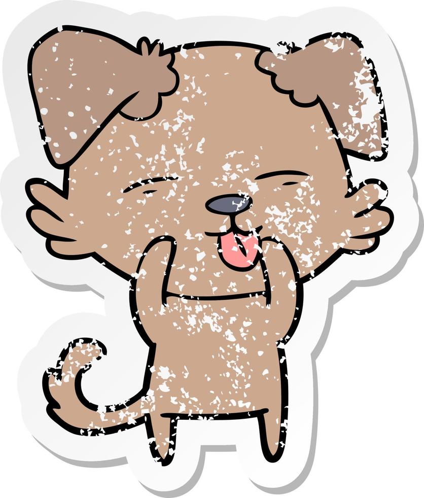 distressed sticker of a cartoon dog sticking out tongue vector