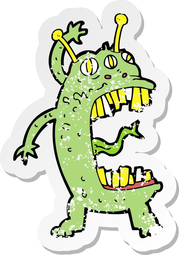 retro distressed sticker of a cartoon crazy monster vector