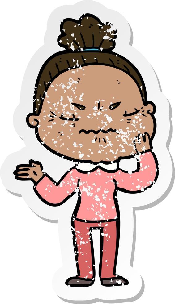 distressed sticker of a cartoon annoyed old lady vector