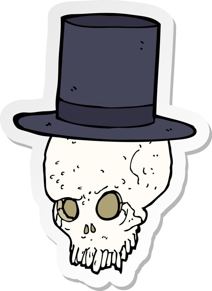 pegatina de un cráneo de dibujos animados con sombrero de copa vector