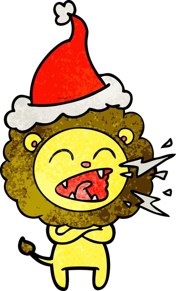 textured cartoon of a roaring lion wearing santa hat vector