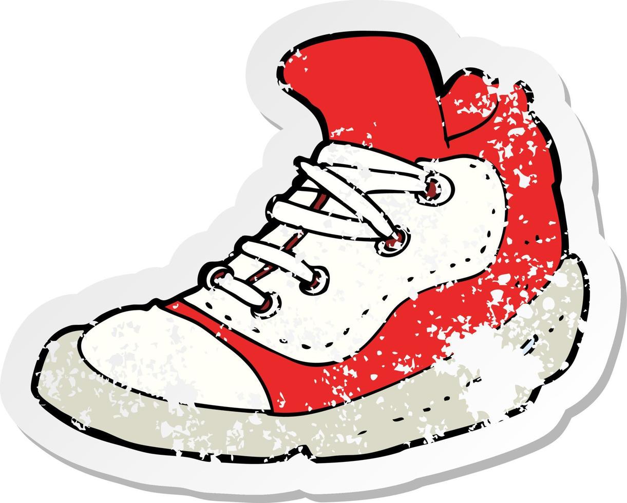 pegatina retro angustiada de una zapatilla de dibujos animados vector