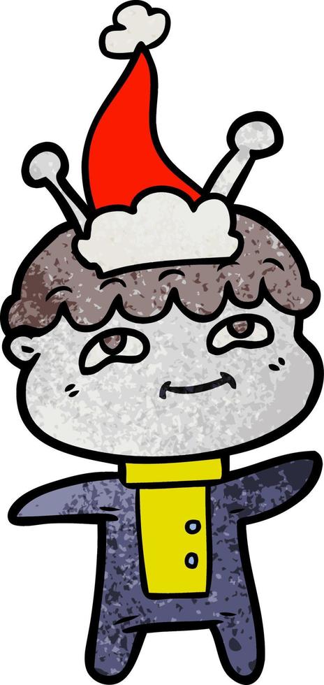 friendly textured cartoon of a spaceman wearing santa hat vector