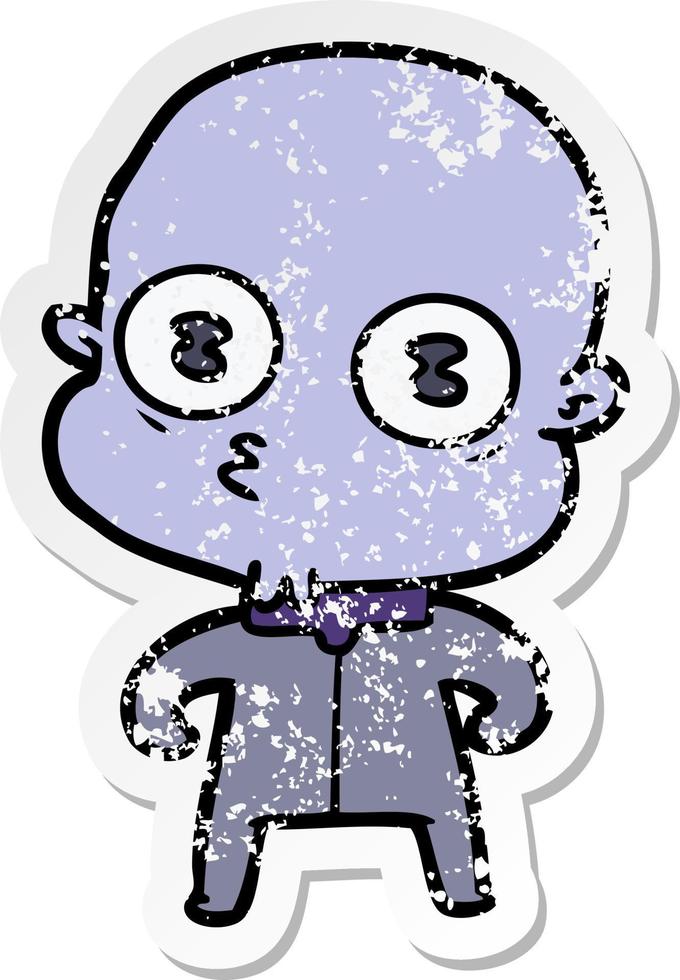 distressed sticker of a cartoon weird bald spaceman vector