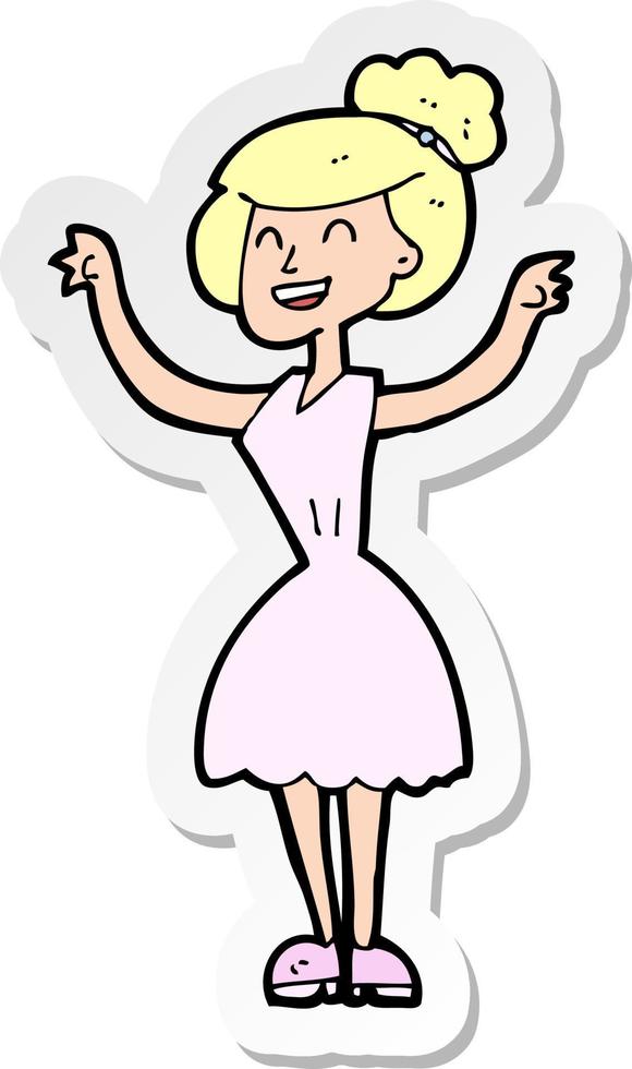 sticker of a cartoon woman with raised arms vector